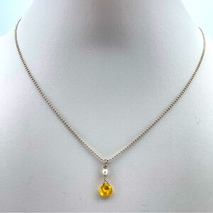 Delicate 925 Sterling Silver Ball Chain Necklace Yellow Crystal Drop Minimalist